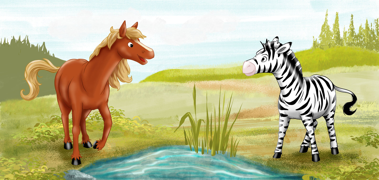 Sturmana Kinderbuch Illustration mit Zebra am Wasserloch