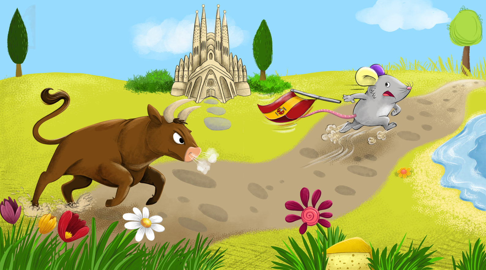 Die Maus Tuddeltraus auf der Flucht in Spanien vor einem wilden Stier