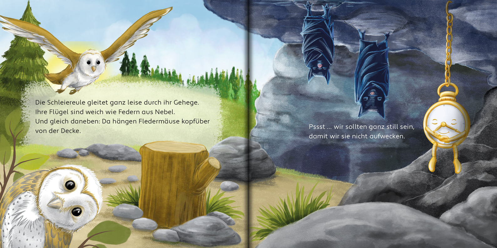 PFiffikus im Wildpark bei Eulen und Fledermäusen, Illustration Kinderbuch Doppelseite