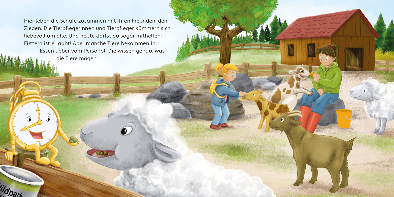 PFiffikus im Wildpark besucht Ziegen, Illustration Kinderbuch Doppelseite