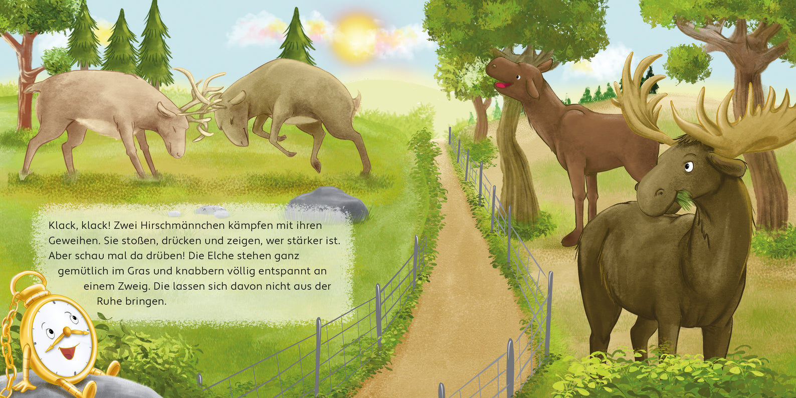 PFiffikus im Wildpark besucht Elche, Illustration Kinderbuch Doppelseite