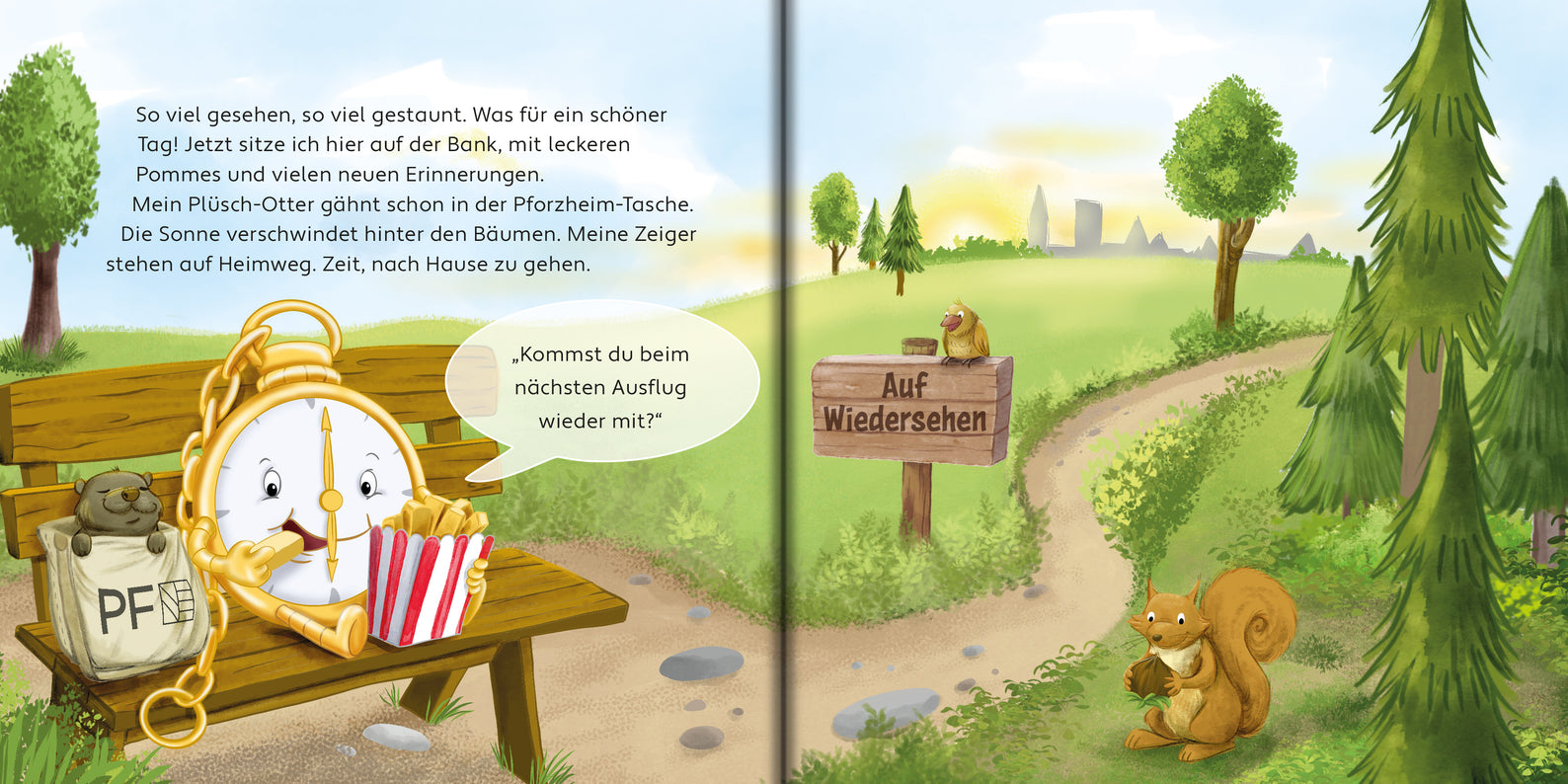 PFiffikus im Wildpark mit Eichhörnchen und Pommesbox, Illustration Kinderbuch Doppelseite